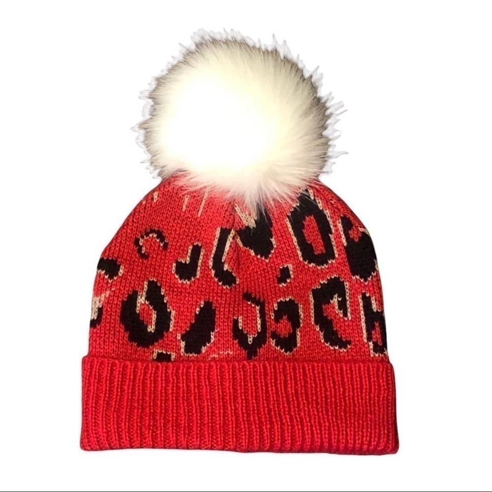 BCBGeneration Pink Leopard Print Pom Beanie NWOT